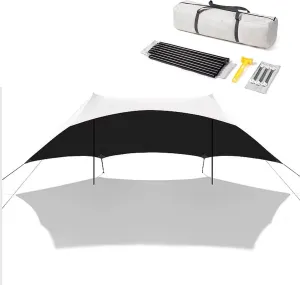 Outdoor Camping Tarp with Rod, Camping Shelter with Storage Bag, Waterproof Sun Shelter for Tailgating Party, Beach, Park, Three-Sided Sunshade Design