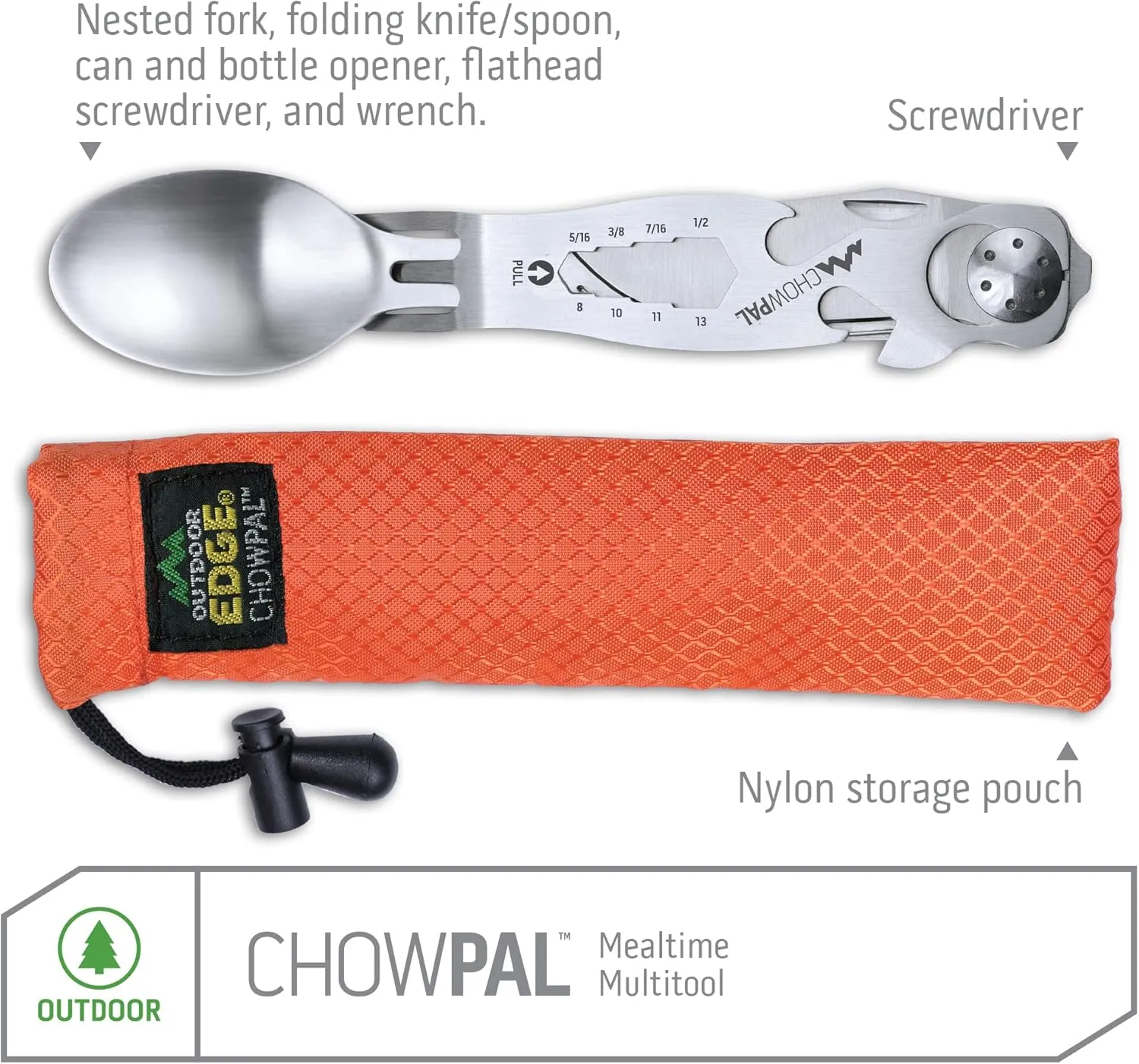 Outdoor Edge ChowPal - Mealtime Multitool with Folding Knife, Fork, Spoon, Bottle Opener, Can Opener, Graduated Wrench, and Screwdriver - 100% Stainless Steel Construction with Nylon Storage Pouch