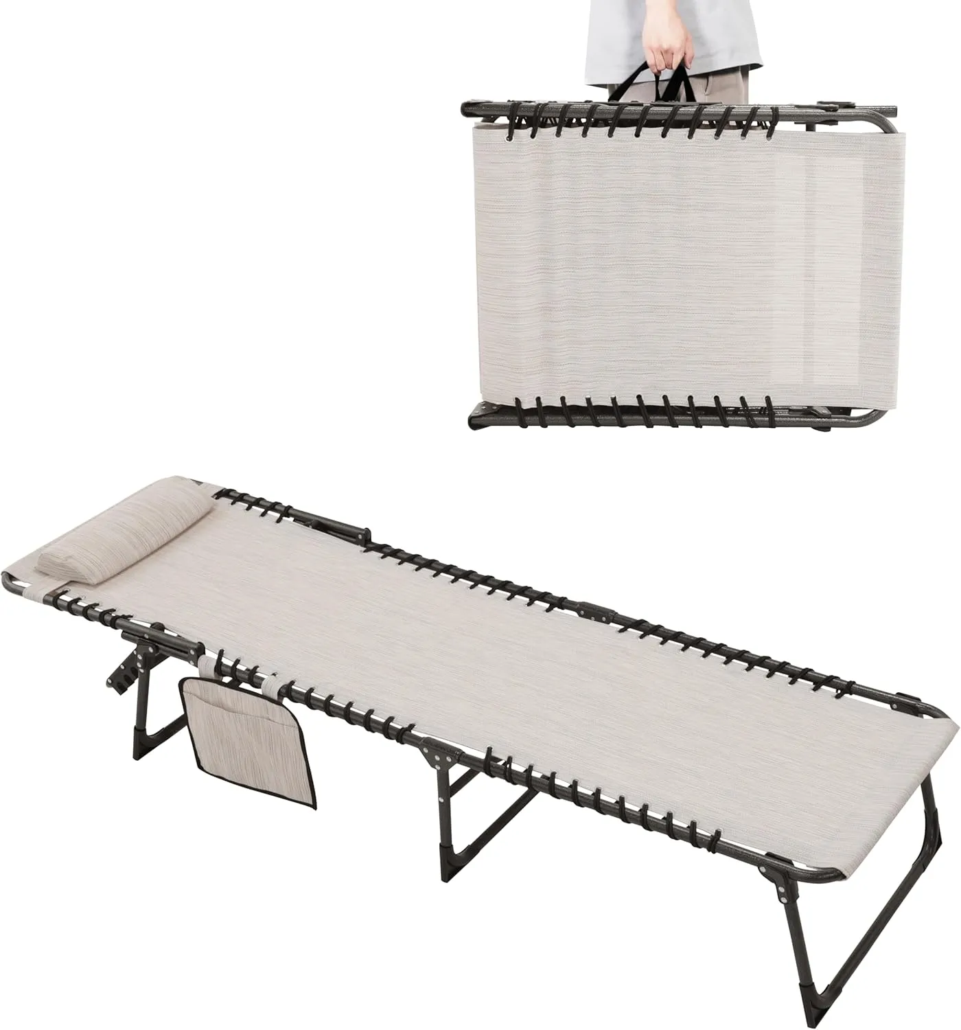 Outdoor Foldable Chaise Lounge Chair with Detachable Pillow & Pocket, Portable Tanning Chair with 4 Position Adjustable Back, Patio, Beach and Pool, Cream White