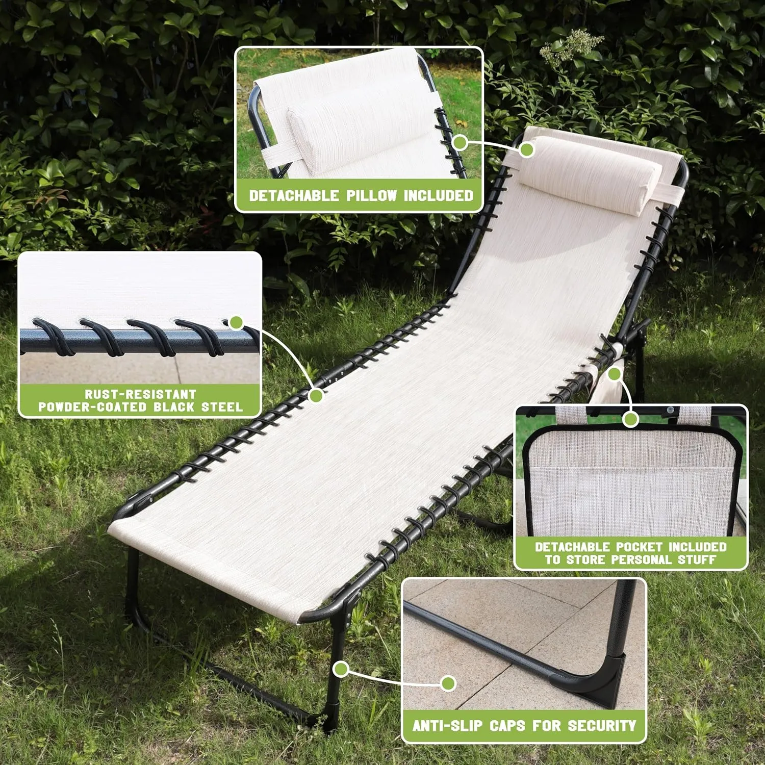 Outdoor Foldable Chaise Lounge Chair with Detachable Pillow & Pocket, Portable Tanning Chair with 4 Position Adjustable Back, Patio, Beach and Pool, Cream White