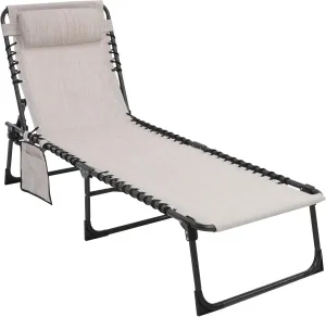 Outdoor Foldable Chaise Lounge Chair with Detachable Pillow & Pocket, Portable Tanning Chair with 4 Position Adjustable Back, Patio, Beach and Pool, Cream White