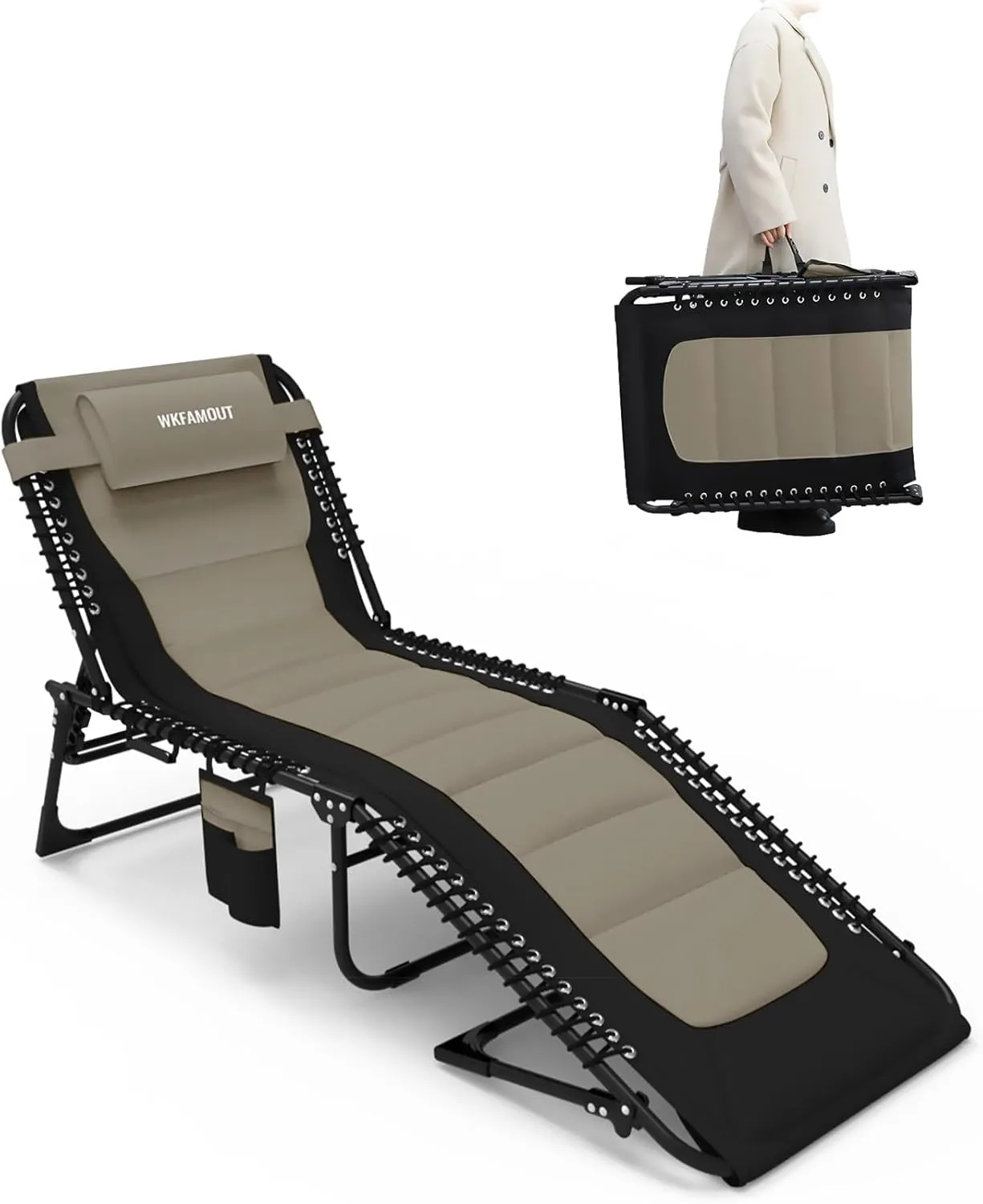 Outdoor Folding Lounge Chair Padded for Adults 330Ibs Patio Chaise Lounge Chair for Outside Adjustable 5-Position Reclining Beach Chair with Pillow Pocket