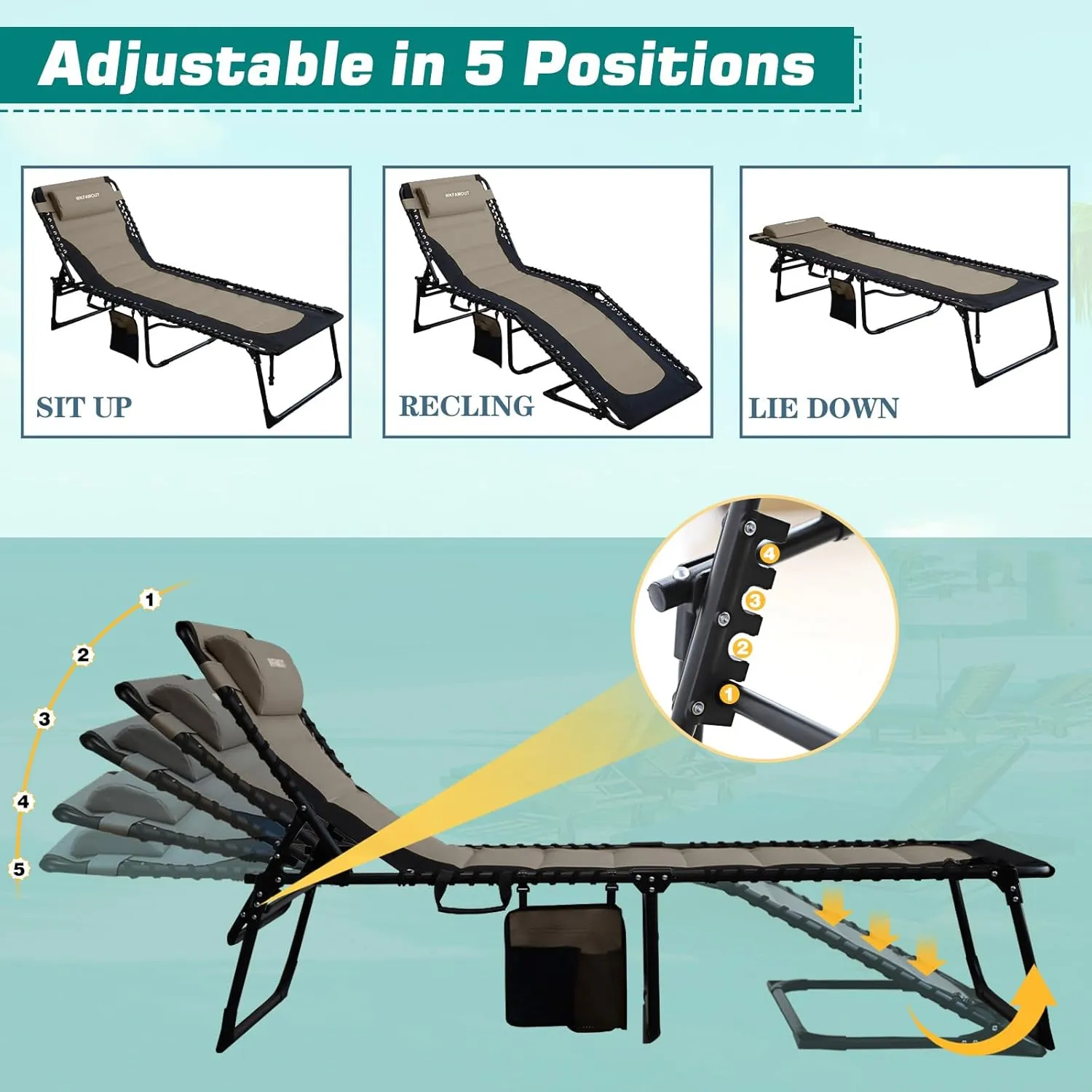 Outdoor Folding Lounge Chair Padded for Adults 330Ibs Patio Chaise Lounge Chair for Outside Adjustable 5-Position Reclining Beach Chair with Pillow Pocket