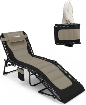 Outdoor Folding Lounge Chair Padded for Adults 330Ibs Patio Chaise Lounge Chair for Outside Adjustable 5-Position Reclining Beach Chair with Pillow Pocket