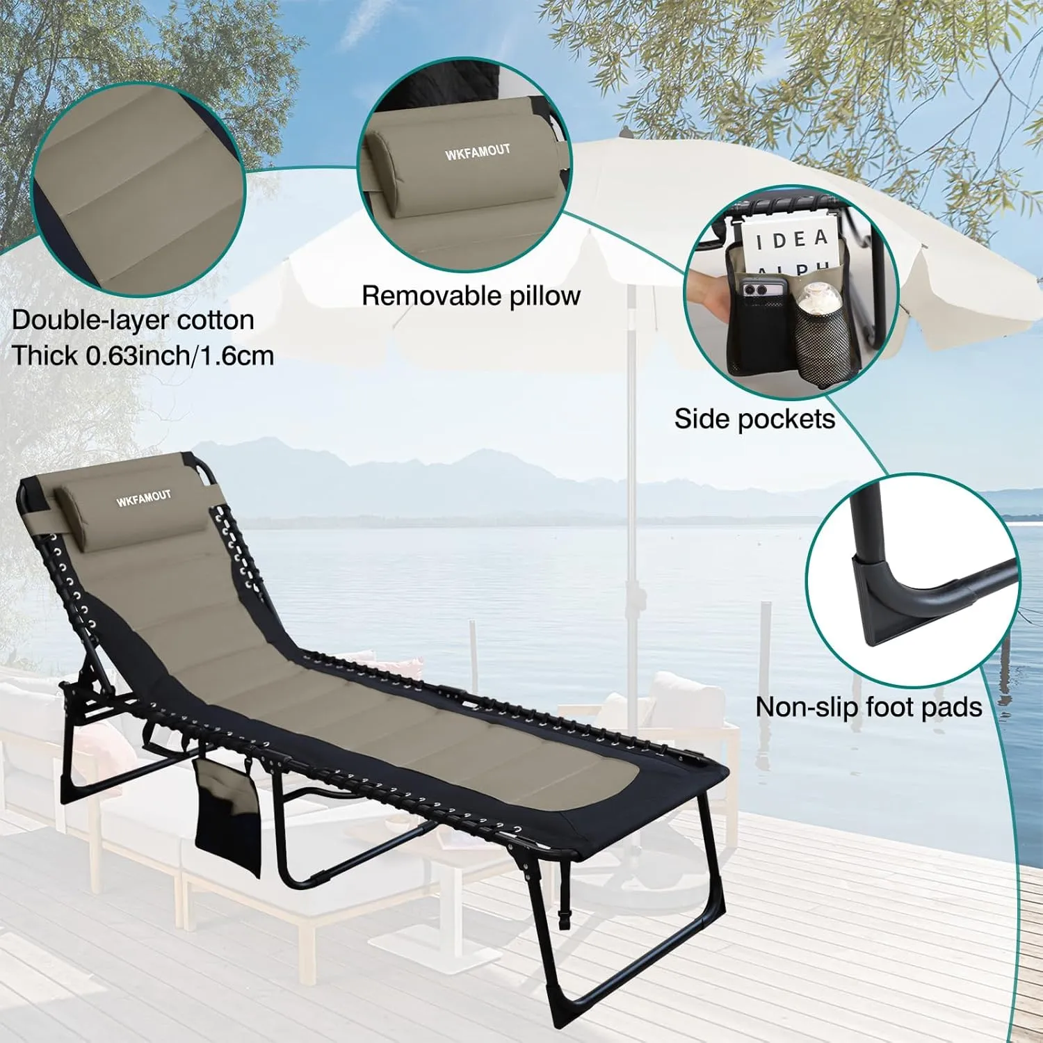 Outdoor Folding Lounge Chair Padded for Adults 330Ibs Patio Chaise Lounge Chair for Outside Adjustable 5-Position Reclining Beach Chair with Pillow Pocket