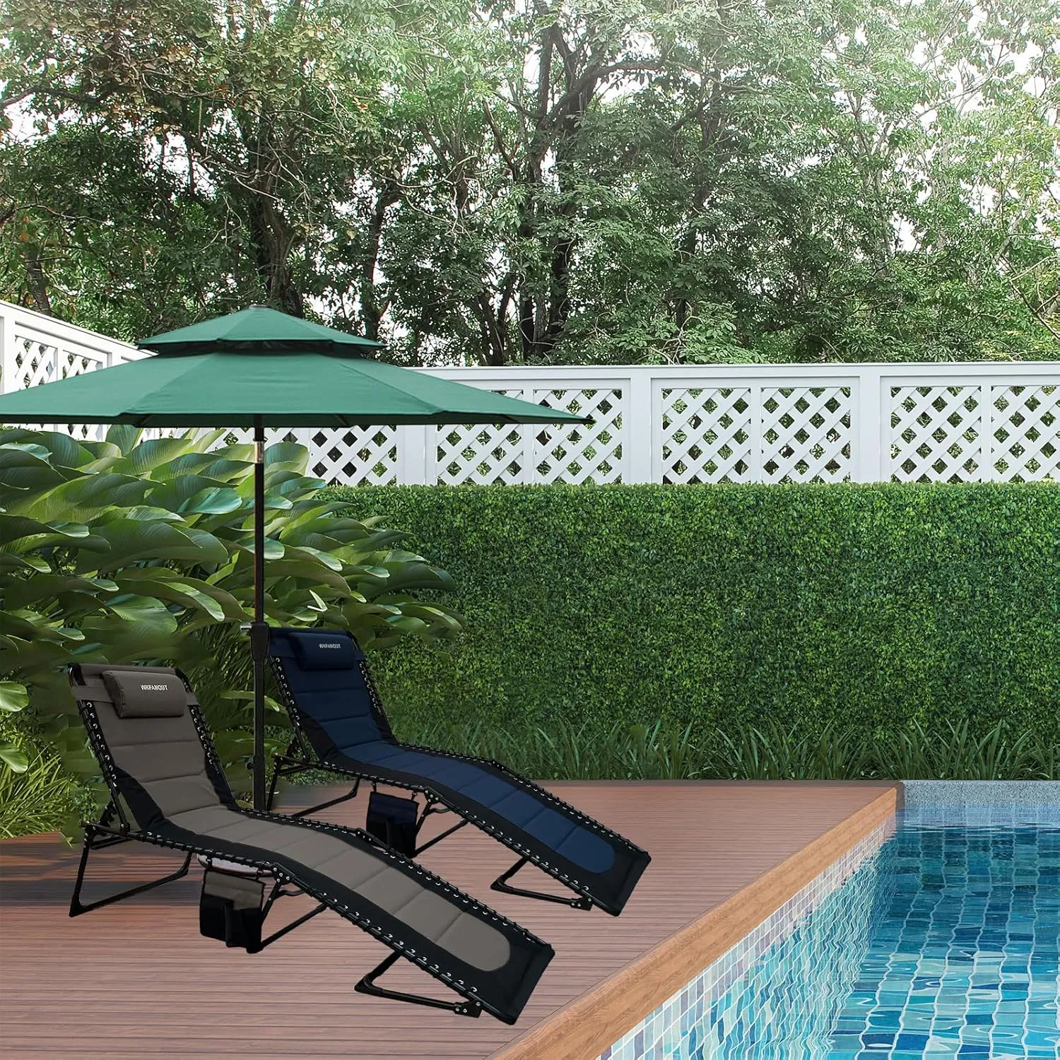 Outdoor Folding Lounge Chair Padded for Adults 330Ibs Patio Chaise Lounge Chair for Outside Adjustable 5-Position Reclining Beach Chair with Pillow Pocket