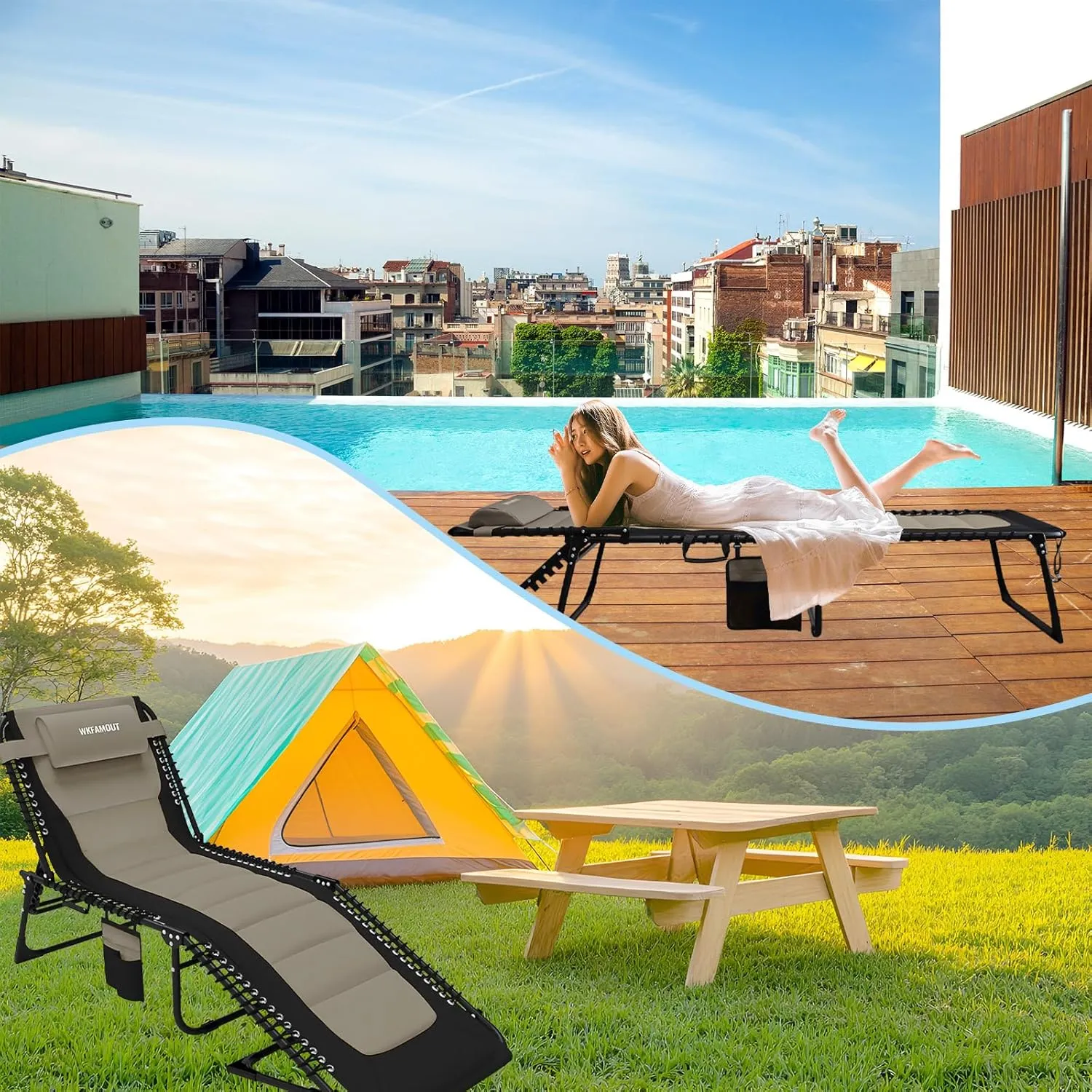 Outdoor Folding Lounge Chair Padded for Adults 330Ibs Patio Chaise Lounge Chair for Outside Adjustable 5-Position Reclining Beach Chair with Pillow Pocket