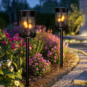Outdoor Garden Solar Stake Lights Flickering Candle Lantern Lighting for Yard, Lawn, Patio, Pathway, Wall Decoration (2Pack, Black)
