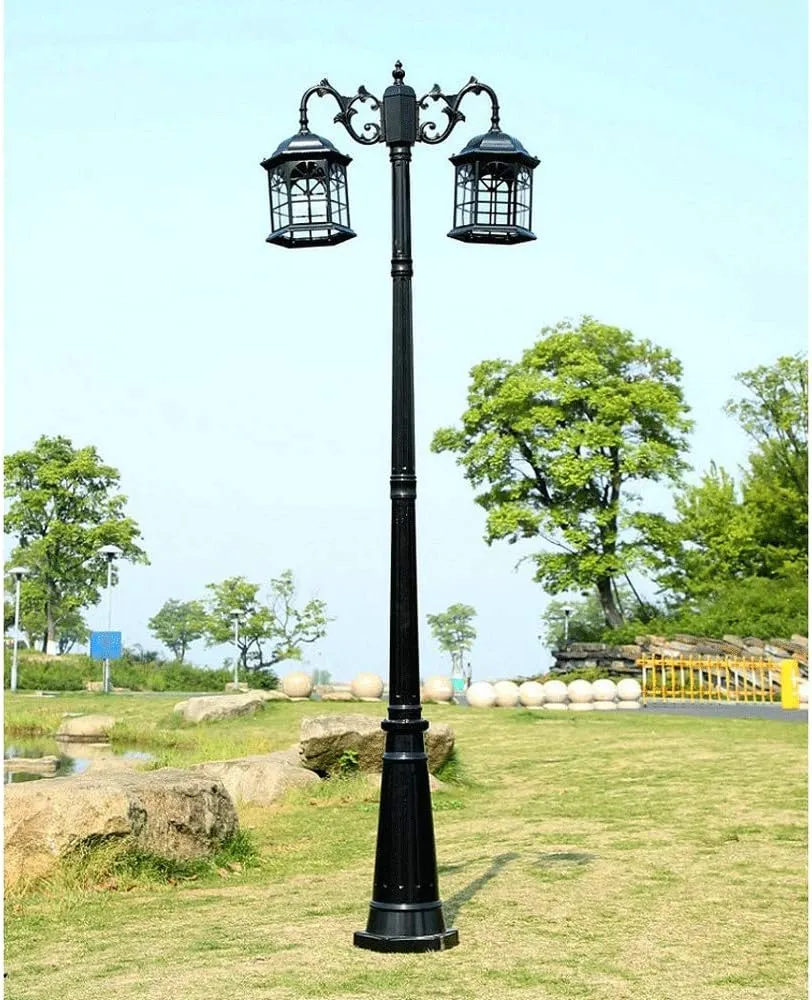 Outdoor Lamp Post Light,Traditional Victorian Cast Aluminum Double Heads Landscape High Pole Light Vintage Street Lamp with Clear Glass Gard(Black-Height 280cm)