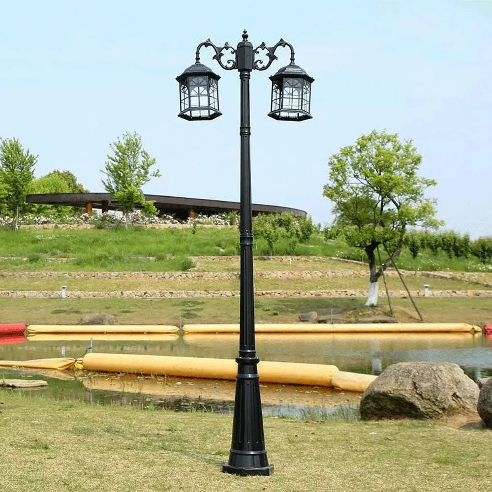 Outdoor Lamp Post Light,Traditional Victorian Cast Aluminum Double Heads Landscape High Pole Light Vintage Street Lamp with Clear Glass Gard(Black-Height 280cm)