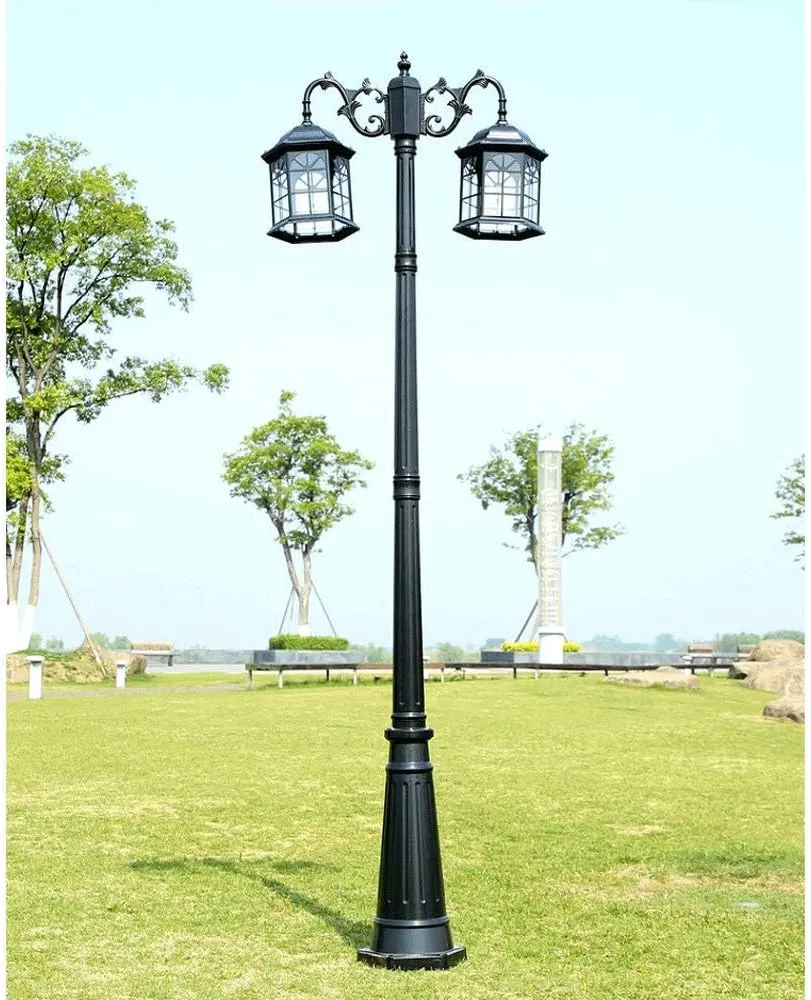 Outdoor Lamp Post Light,Traditional Victorian Cast Aluminum Double Heads Landscape High Pole Light Vintage Street Lamp with Clear Glass Gard(Black-Height 280cm)