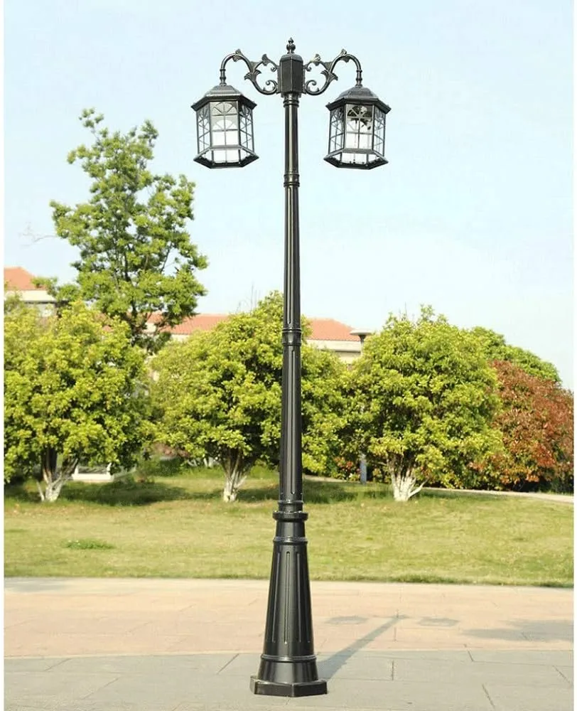 Outdoor Lamp Post Light,Traditional Victorian Cast Aluminum Double Heads Landscape High Pole Light Vintage Street Lamp with Clear Glass Gard(Black-Height 280cm)