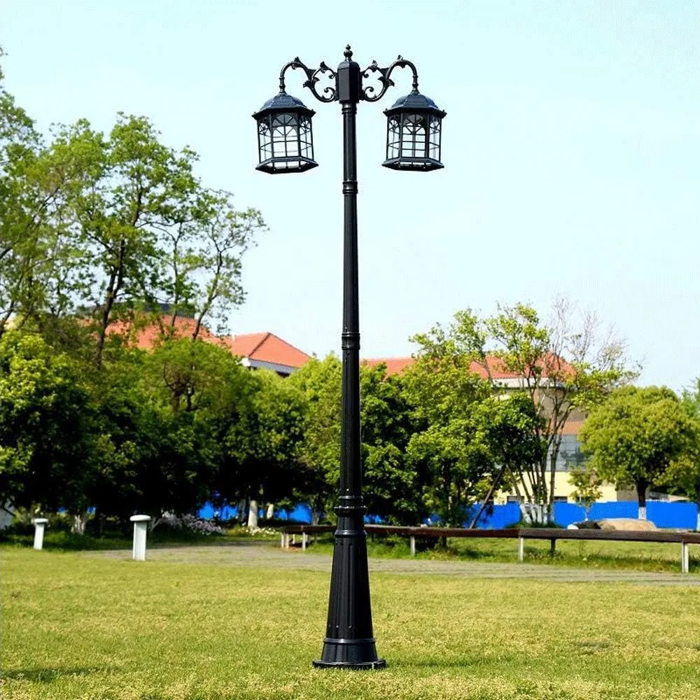 Outdoor Lamp Post Light,Traditional Victorian Cast Aluminum Double Heads Landscape High Pole Light Vintage Street Lamp with Clear Glass Gard(Black-Height 280cm)
