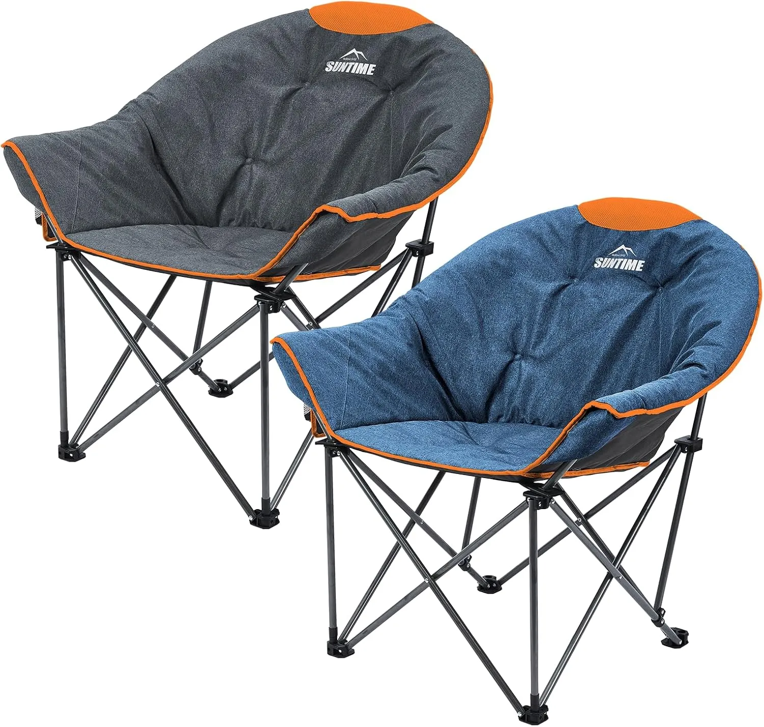 OUTDOOR LIVING SUNTIME Oversized Padded Camping Chair,Portable Comfy Outdoor Folding Moon Round Saucer Chairs for Adults with Holder and Carry Bag, Perfect for Hiking Lawn Patio Sports（Grey and Denim）