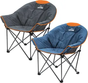 OUTDOOR LIVING SUNTIME Oversized Padded Camping Chair,Portable Comfy Outdoor Folding Moon Round Saucer Chairs for Adults with Holder and Carry Bag, Perfect for Hiking Lawn Patio Sports（Grey and Denim）