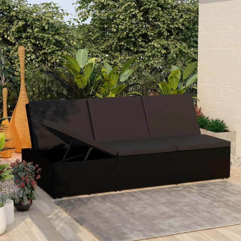 Outdoor Lounge Chair, Chaise Lounge for Patio & Lawn, Outdoor Patio Furniture,Pool Lounge Chairs,for Camping, Lakeside, Convertible Sun Bed with Cushion Poly Rattan Black