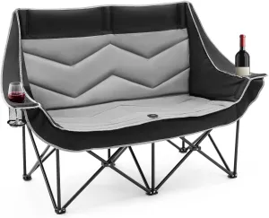Outdoor Oversized Foldiong Double Camping Chair for Adults Heavy-Duty Fully Padded Portable Camping Couch Loveseat with 2 Cup Holders Support 600 lbs for Beach, Lawn, Backyard, Campsites, Patio