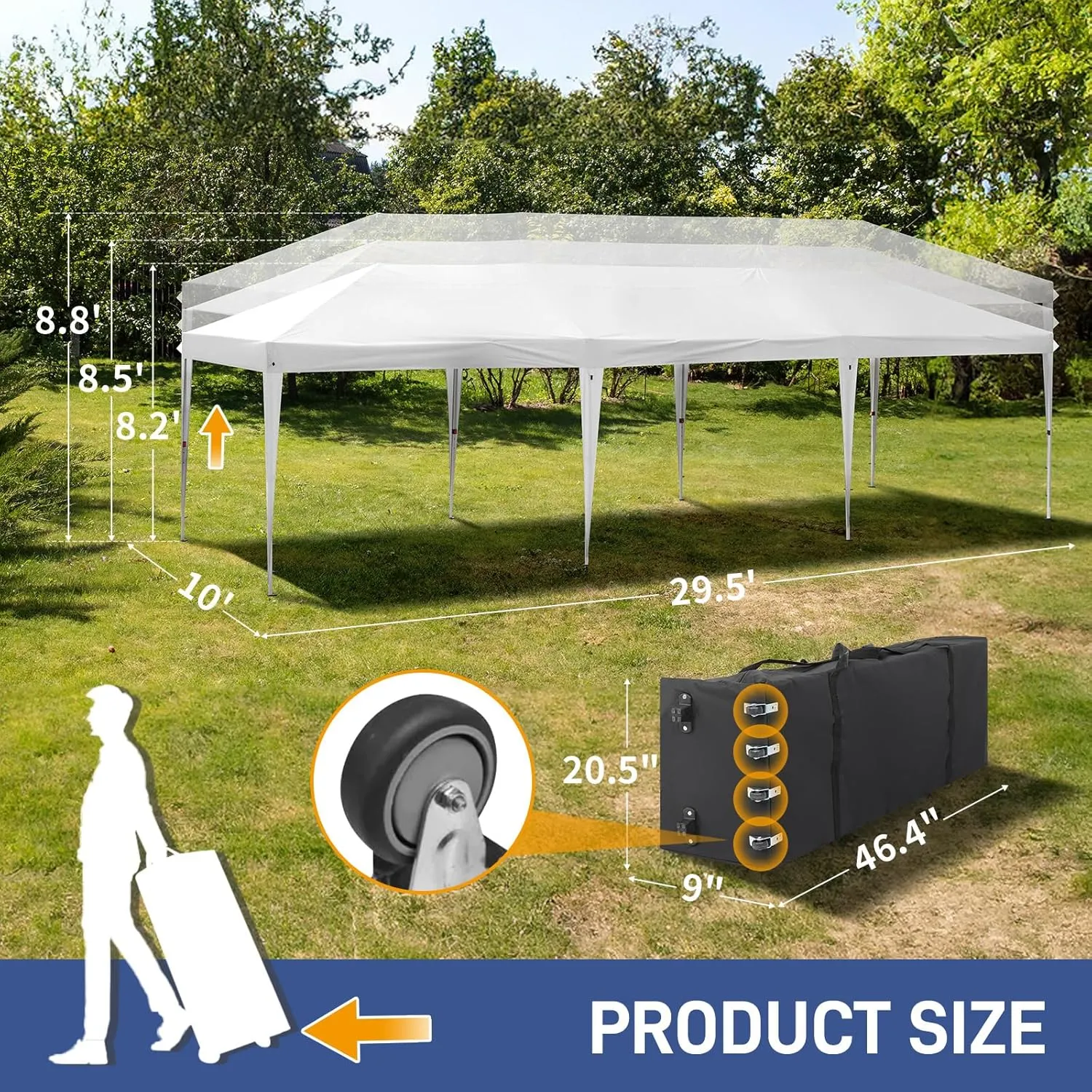 Outdoor Pop Up Canopy 10x30 Ft, Large Collapsible Wedding Tents with 8 Sidewall and a Wheeled Bag, 3 Positions Height, 6 Windows and 2 Doors, Sun Shade Shelter for Festival, Activity, Trade Show, Blue