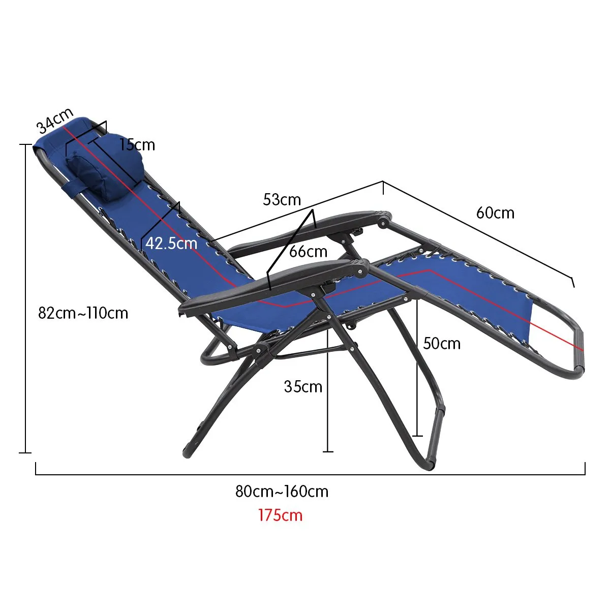 Outdoor Reclining Deck Chair with Padded Headrest - Grey