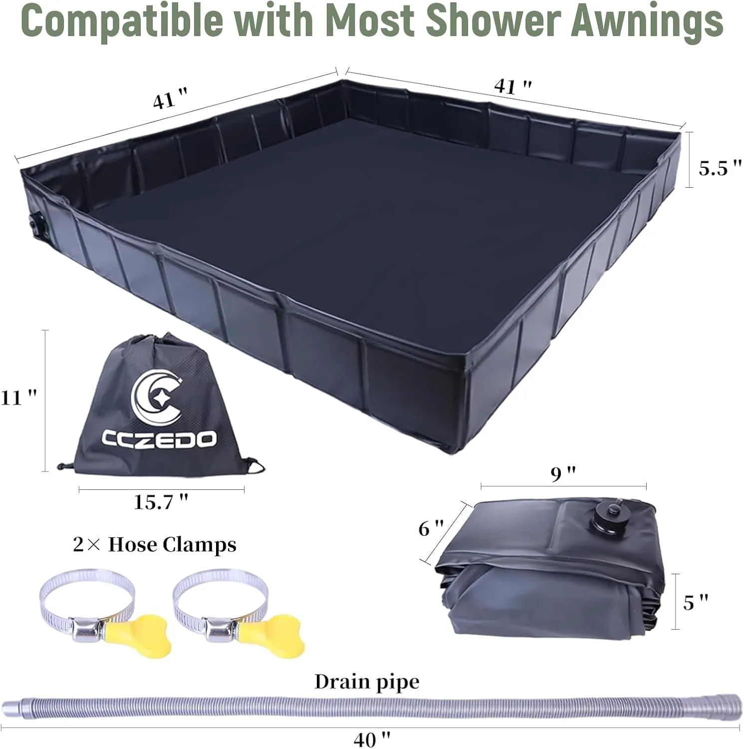 Outdoor Shower 4-Piece Set Portable Shower Tent with LED Light, Portable Shower Pan and Shower Bag, Pop up Shower Tent Quick Opening and Storage Suitable for RV Camping and Travel (Orange)