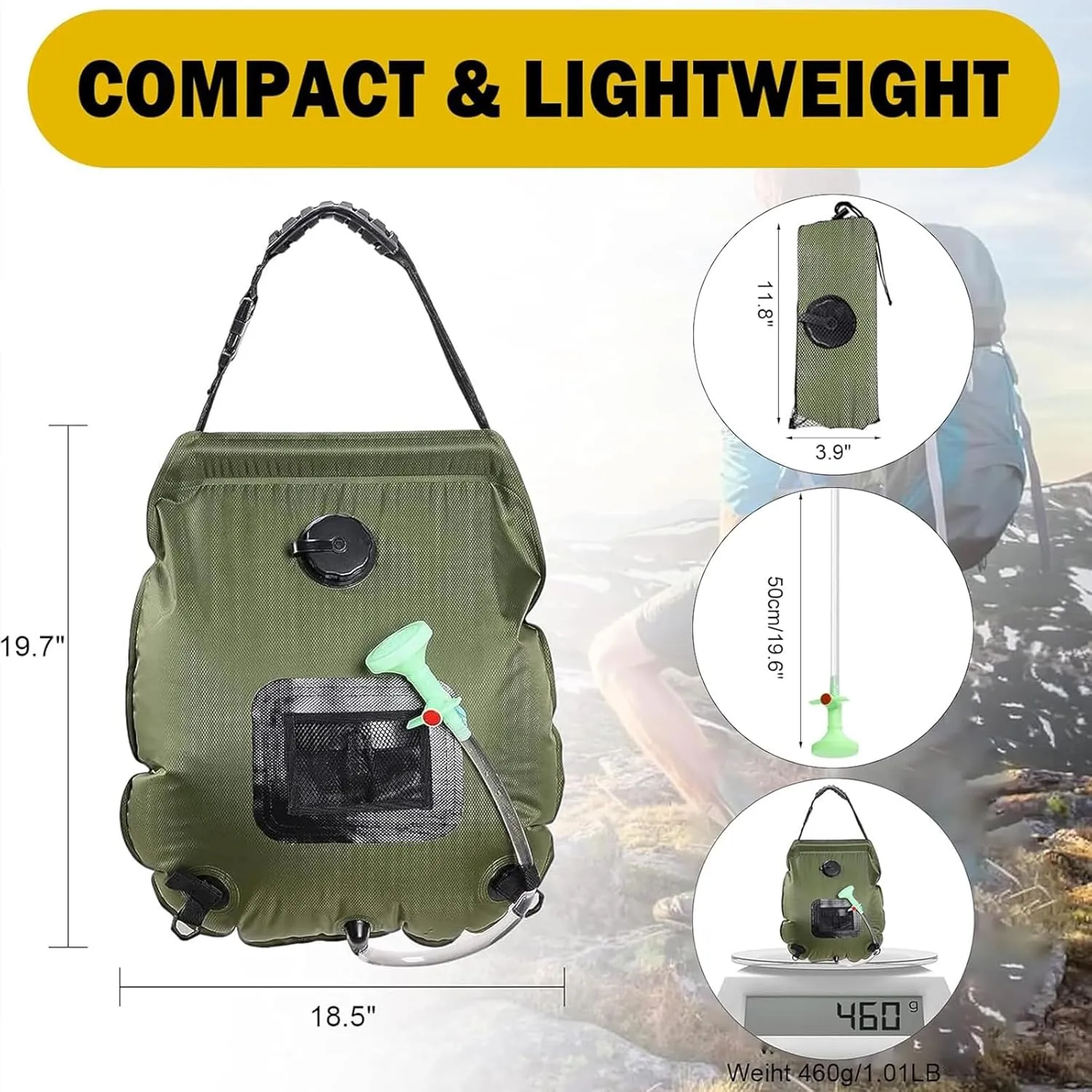 Outdoor Shower 4-Piece Set Portable Shower Tent with LED Light, Portable Shower Pan and Shower Bag, Pop up Shower Tent Quick Opening and Storage Suitable for RV Camping and Travel (Orange)