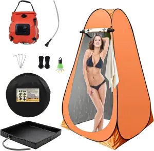 Outdoor Shower 4-Piece Set Portable Shower Tent with LED Light, Portable Shower Pan and Shower Bag, Pop up Shower Tent Quick Opening and Storage Suitable for RV Camping and Travel (Orange)
