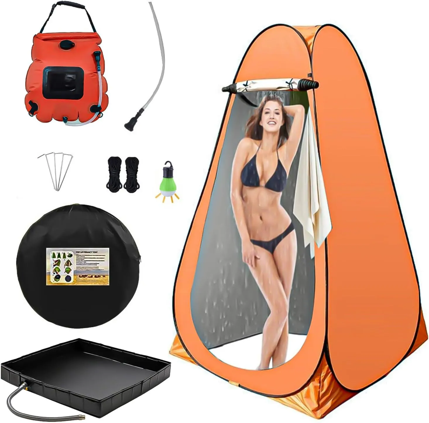 Outdoor Shower 4-Piece Set Portable Shower Tent with LED Light, Portable Shower Pan and Shower Bag, Pop up Shower Tent Quick Opening and Storage Suitable for RV Camping and Travel (Orange)