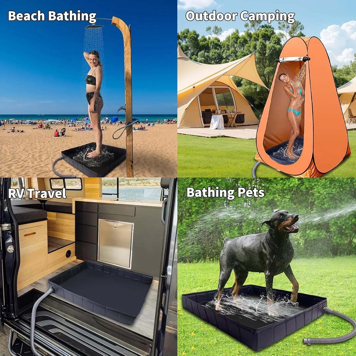 Outdoor Shower 4-Piece Set Portable Shower Tent with LED Light, Portable Shower Pan and Shower Bag, Pop up Shower Tent Quick Opening and Storage Suitable for RV Camping and Travel (Orange)