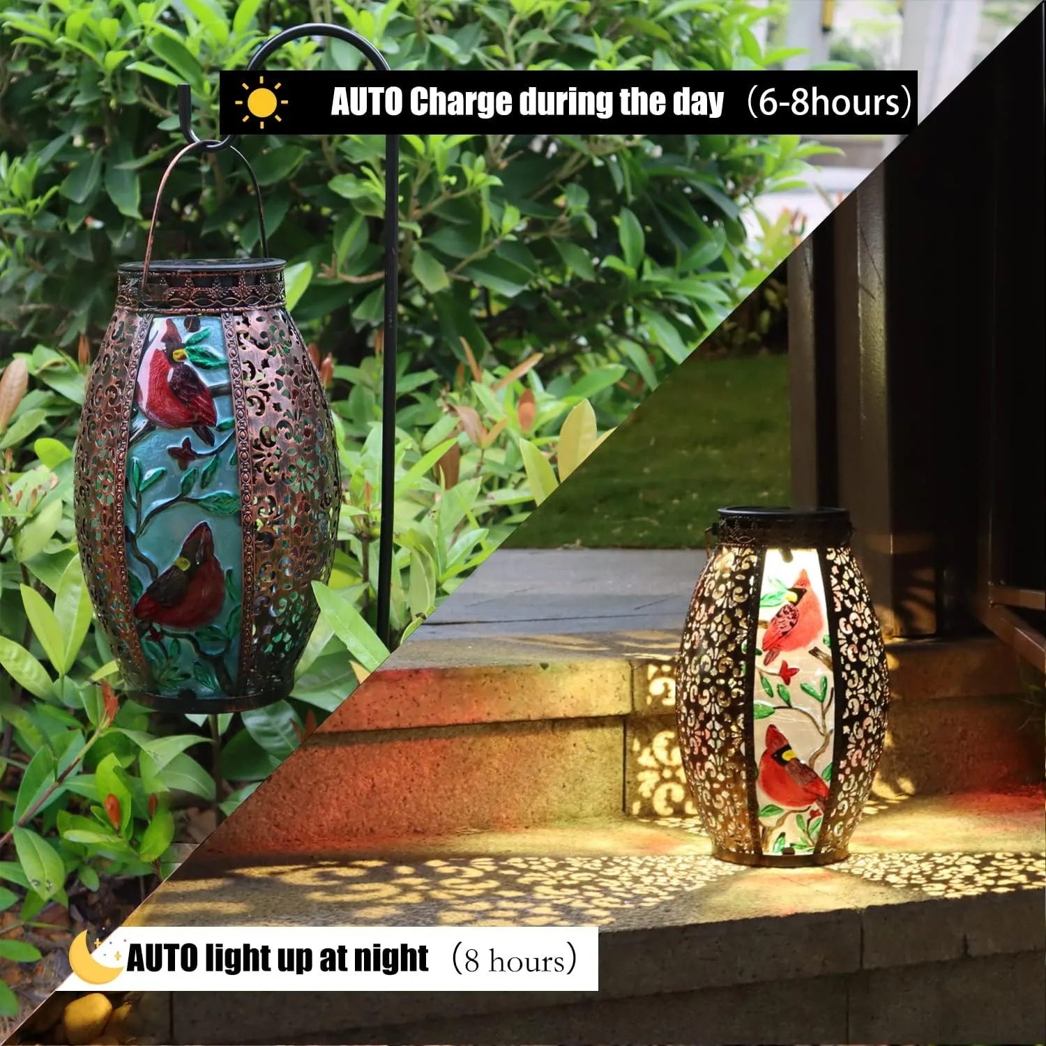 Outdoor Solar Lantern-Waterproof Hummingbird Hanging Metal Decorative Lights for Patio Table Garden Pathway Yard with Super Bright Warm White LED, Large Solar Panels, Auto On/Off Sensor