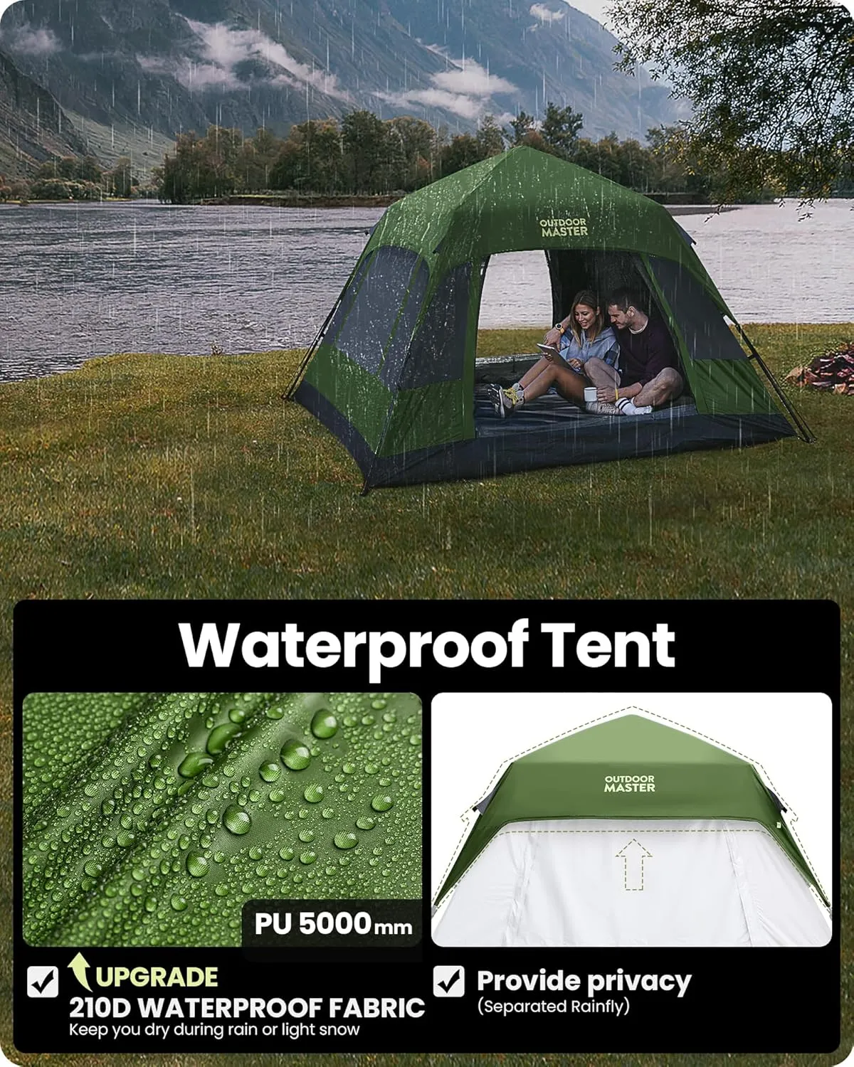OutdoorMaster Camping Tents, 4/6 Person Camping Tent with Blackout Shelter Technology, Easy Setup in 60 Seconds, Weatherproof Pop Up Tent with Top Rainfly, Instant Cabin Tent