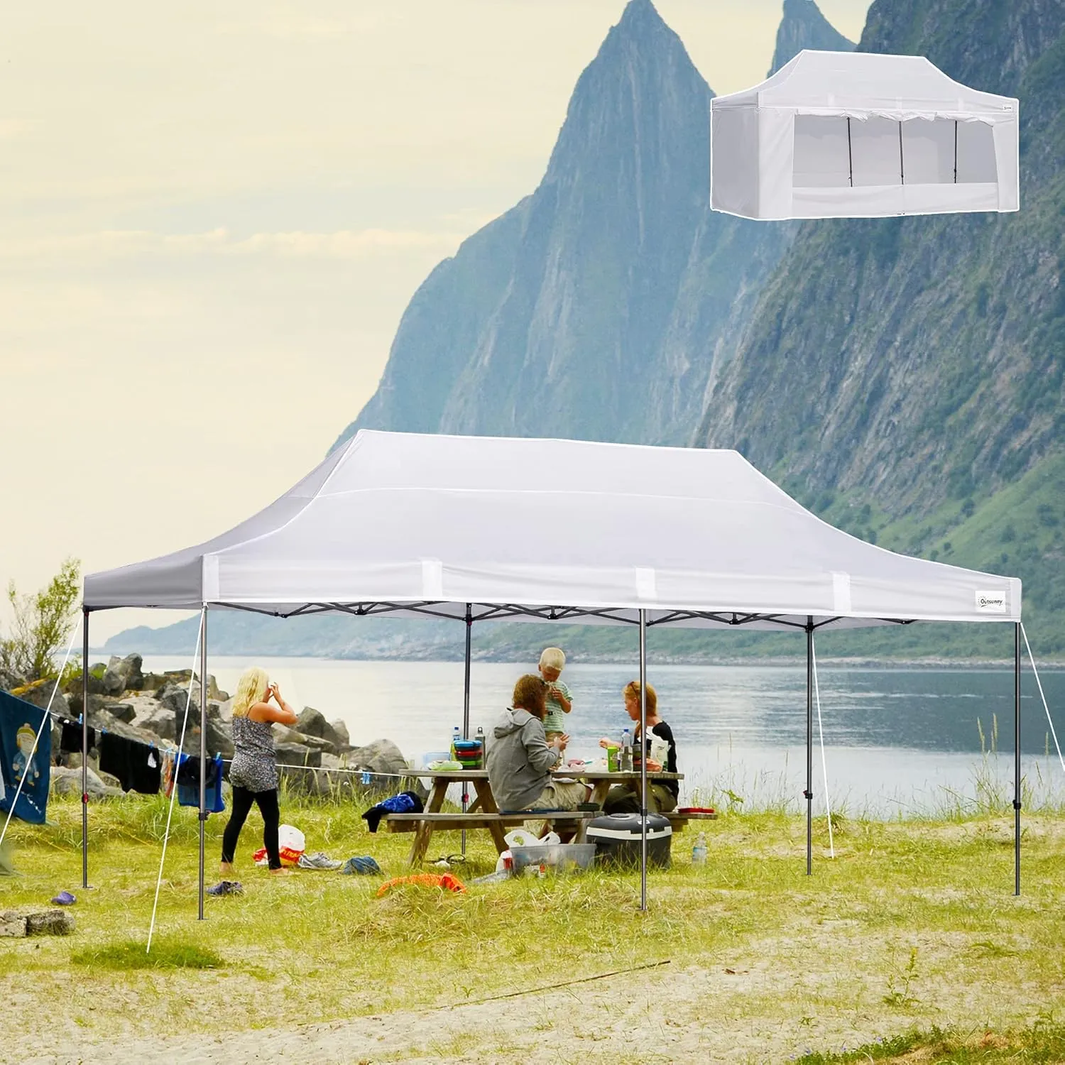Outsunny 10' x 20' Pop Up Canopy Tent with Sidewalls & Doors, Instant Tents for Parties with Wheeled Carry Bag, Height Adjustable, for Outdoor, Garden, Patio, White