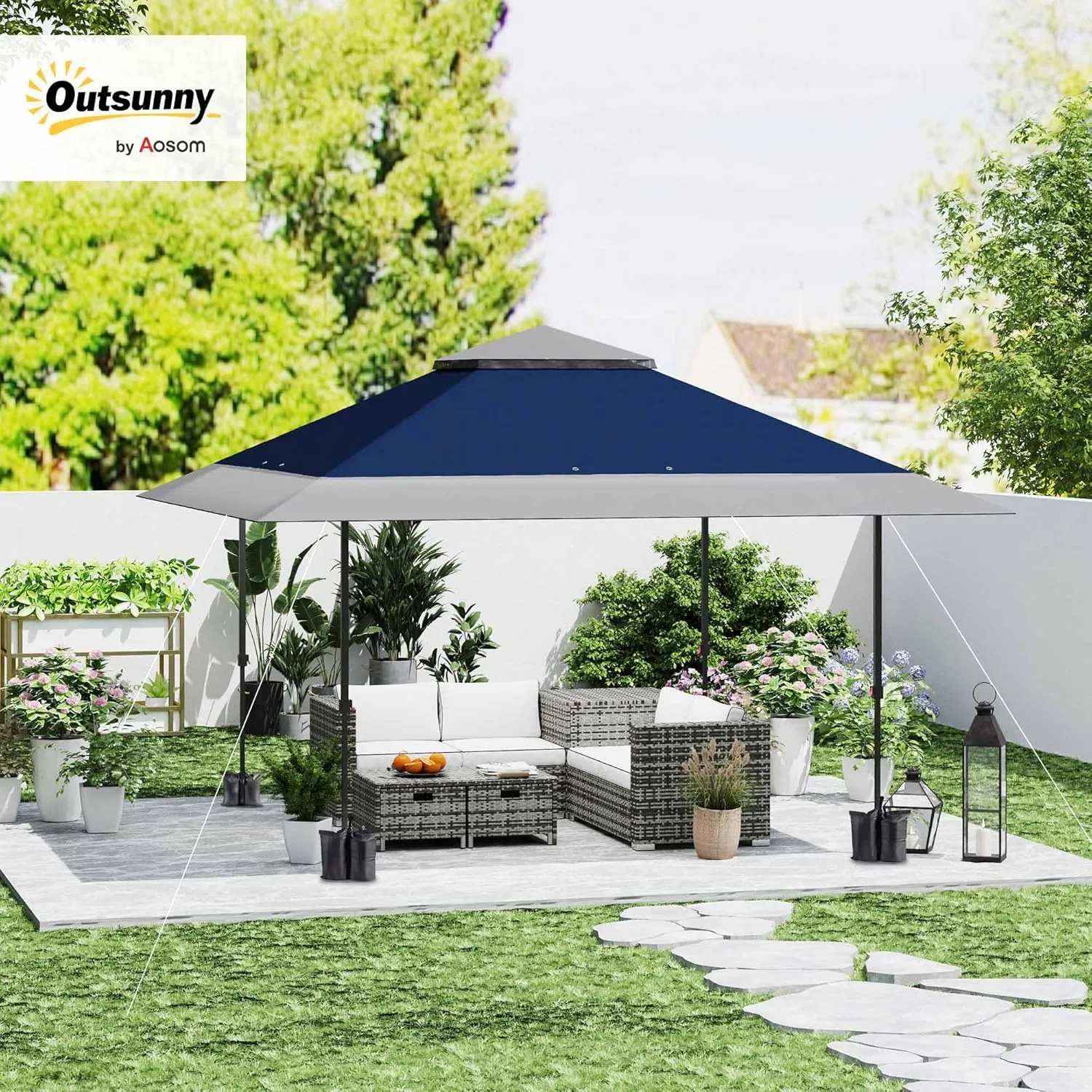Outsunny 13' x 13' Pop Up Canopy Tent, UPF50  Instant Sun Shelter, Tents for Parties, Height Adjustable, with Wheeled Carry Bag and 4 Sand Bags for Outdoor, Garden, Patio, Navy Blue