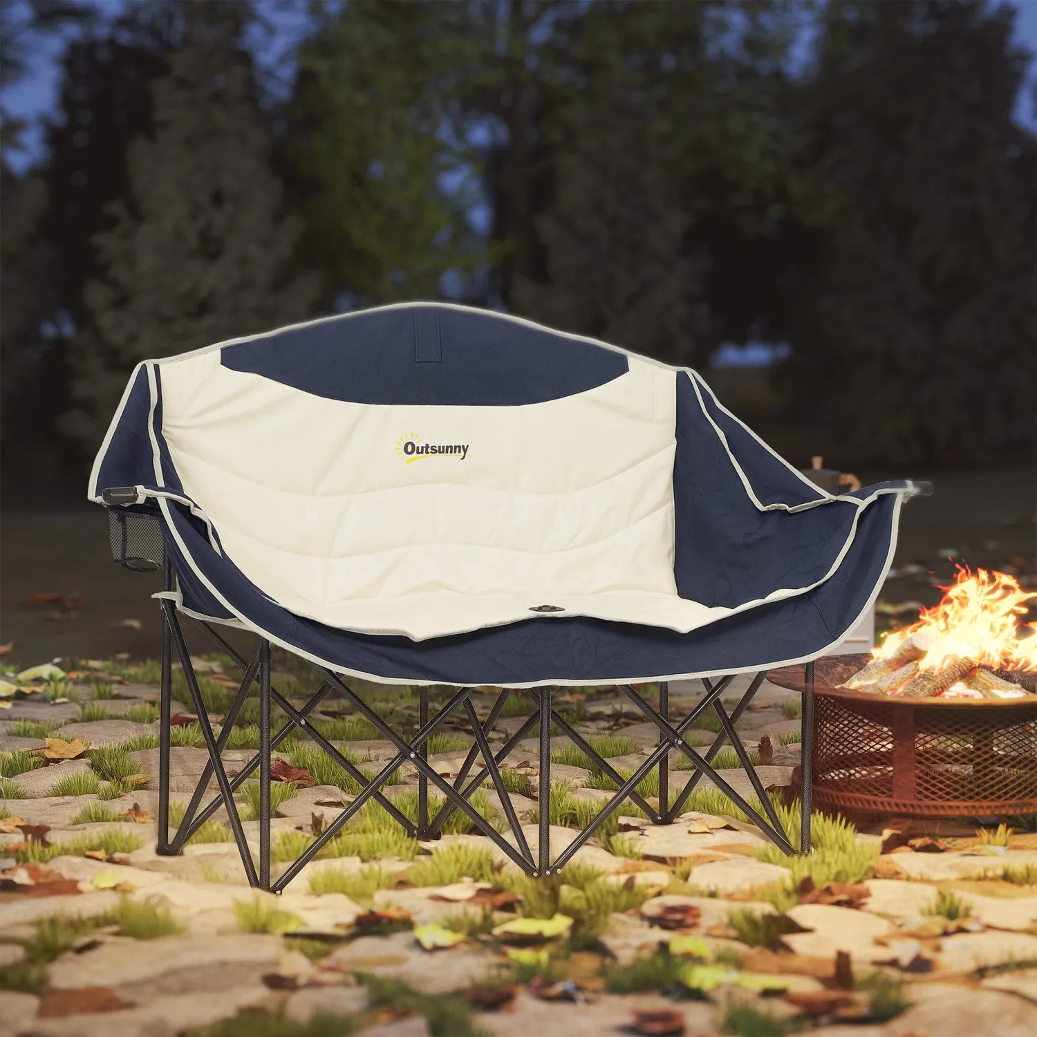 Outsunny Double Camping Chair, Padded Camp Chair W/ Cup Holders, Navy Blue