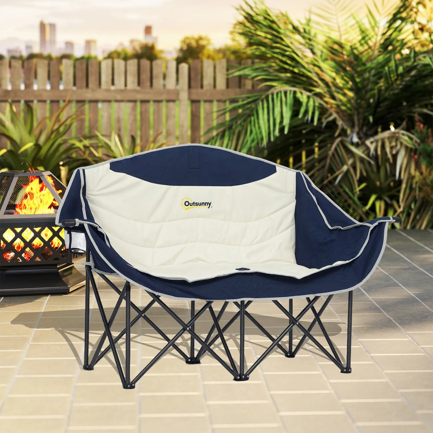 Outsunny Double Camping Chair, Padded Camp Chair W/ Cup Holders, Navy Blue