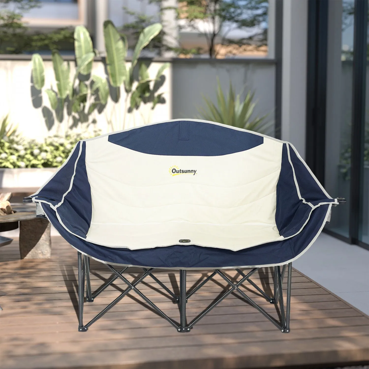 Outsunny Double Camping Chair, Padded Camp Chair W/ Cup Holders, Navy Blue