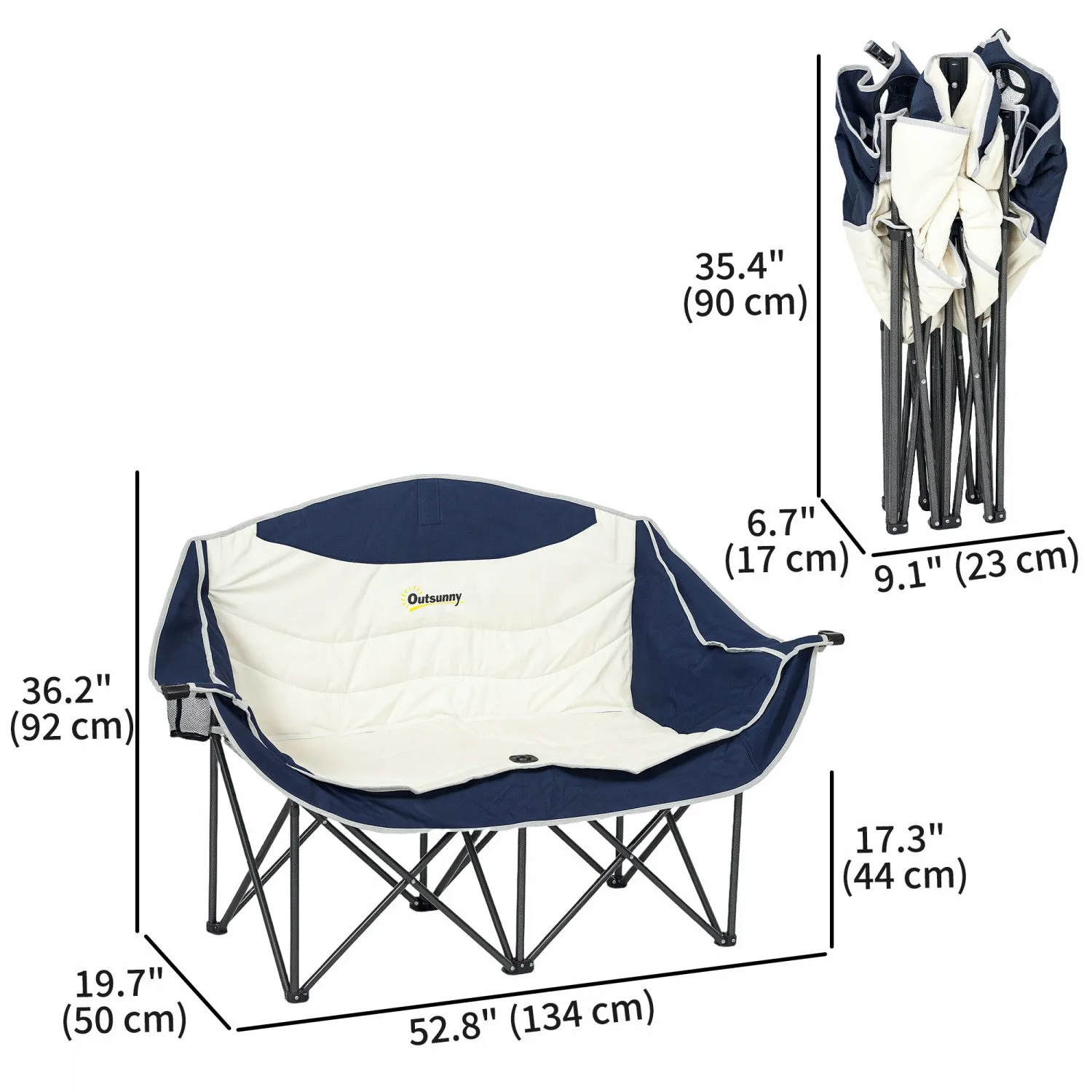Outsunny Double Camping Chair, Padded Camp Chair W/ Cup Holders, Navy Blue