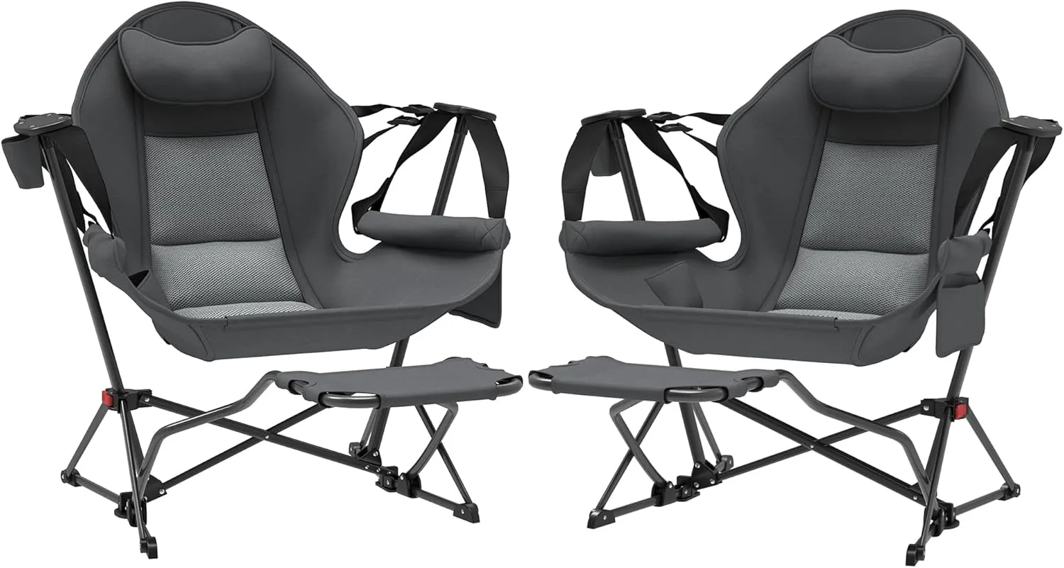 Outsunny Double Hammock Camping Chair, Adjustable Back Folding Rocking Chair Swinging Hammock Chair with Cup Holder, Headrest, Removable Footrest, Padded Seat for Travel Sports Concerts, Dark Gray