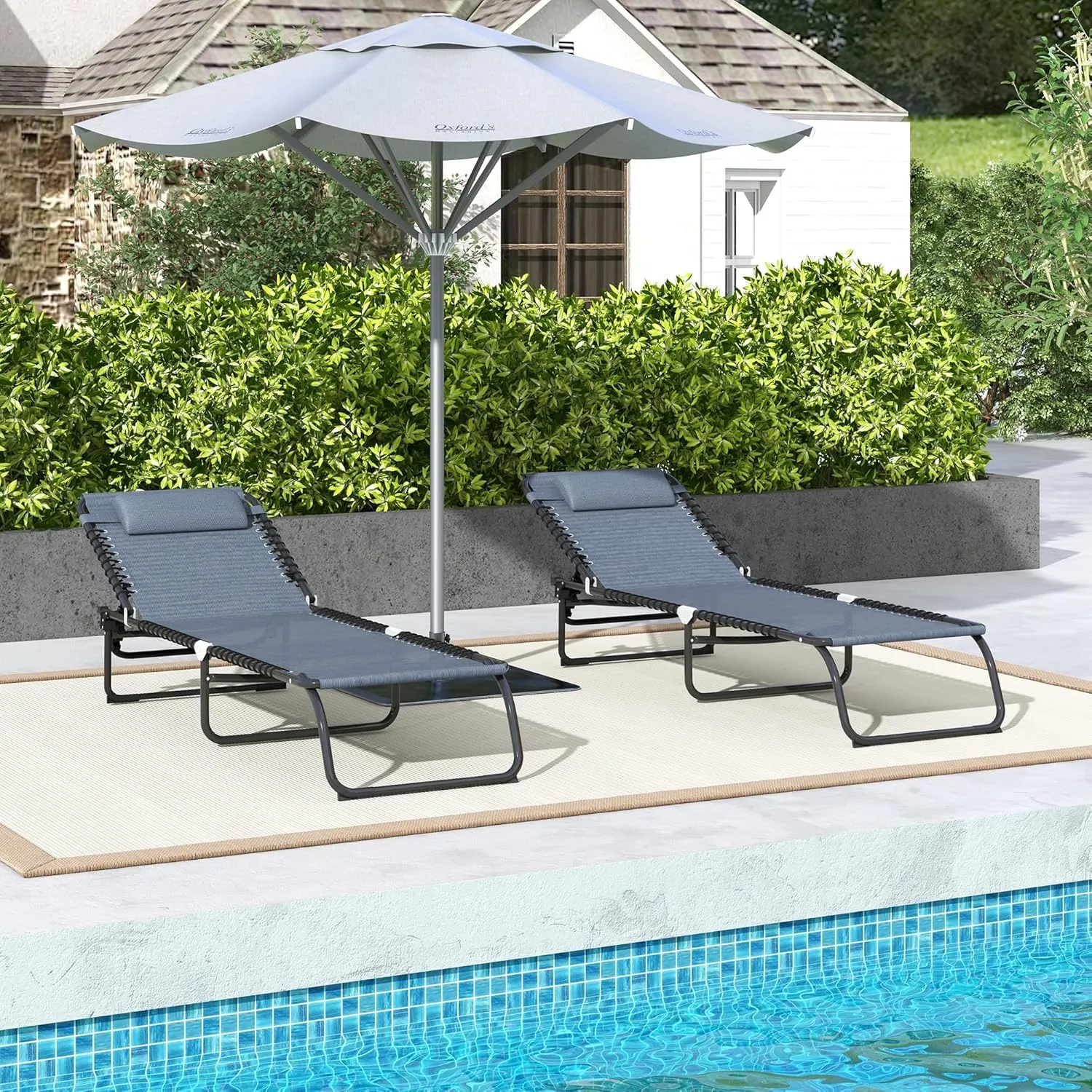 Outsunny Folding Chaise Lounge Chair Set of 2, Patio Sun Tanning Chair, Outdoor Chaise Lounger with 4-Position Reclining Back, Breathable Mesh Seat for Beach, Poolside, Gray