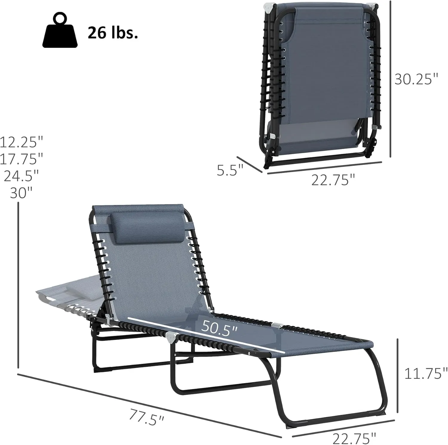 Outsunny Folding Chaise Lounge Chair Set of 2, Patio Sun Tanning Chair, Outdoor Chaise Lounger with 4-Position Reclining Back, Breathable Mesh Seat for Beach, Poolside, Gray