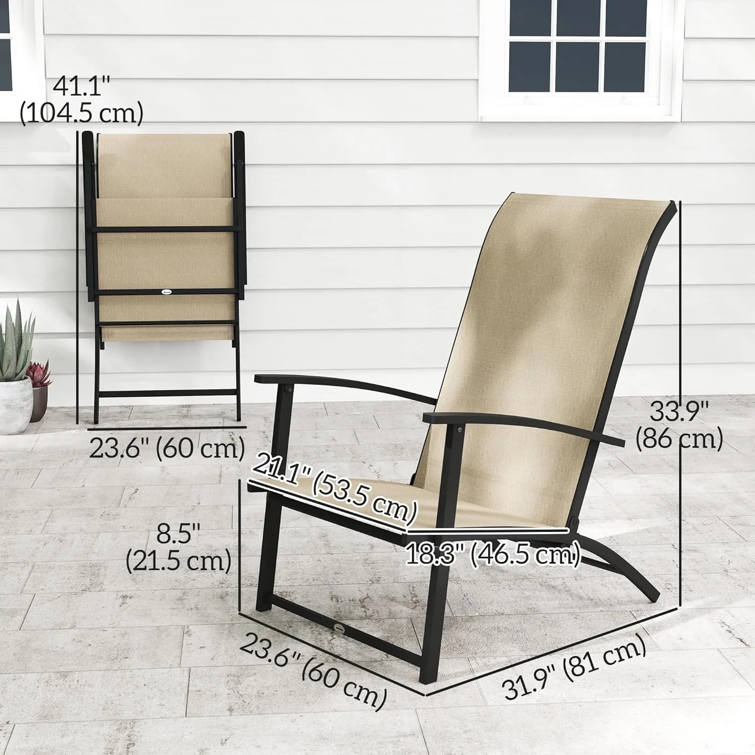 Outsunny Folding Patio Chairs Set of 2, Portable Outdoor Dining Chairs with High Back, Armrests, Breathable Mesh Fabric Seat and Metal Frame for Patio, Lawn, Camping, Porch, Beige