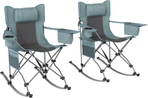 Outsunny Folding Rocking Camping Chairs for Adults with Cooler Bag, 2 Pack Portable Outdoor Rocking Chairs with Headrest, Cup Holder, Carry Bag for Picnic, Travel, Gray