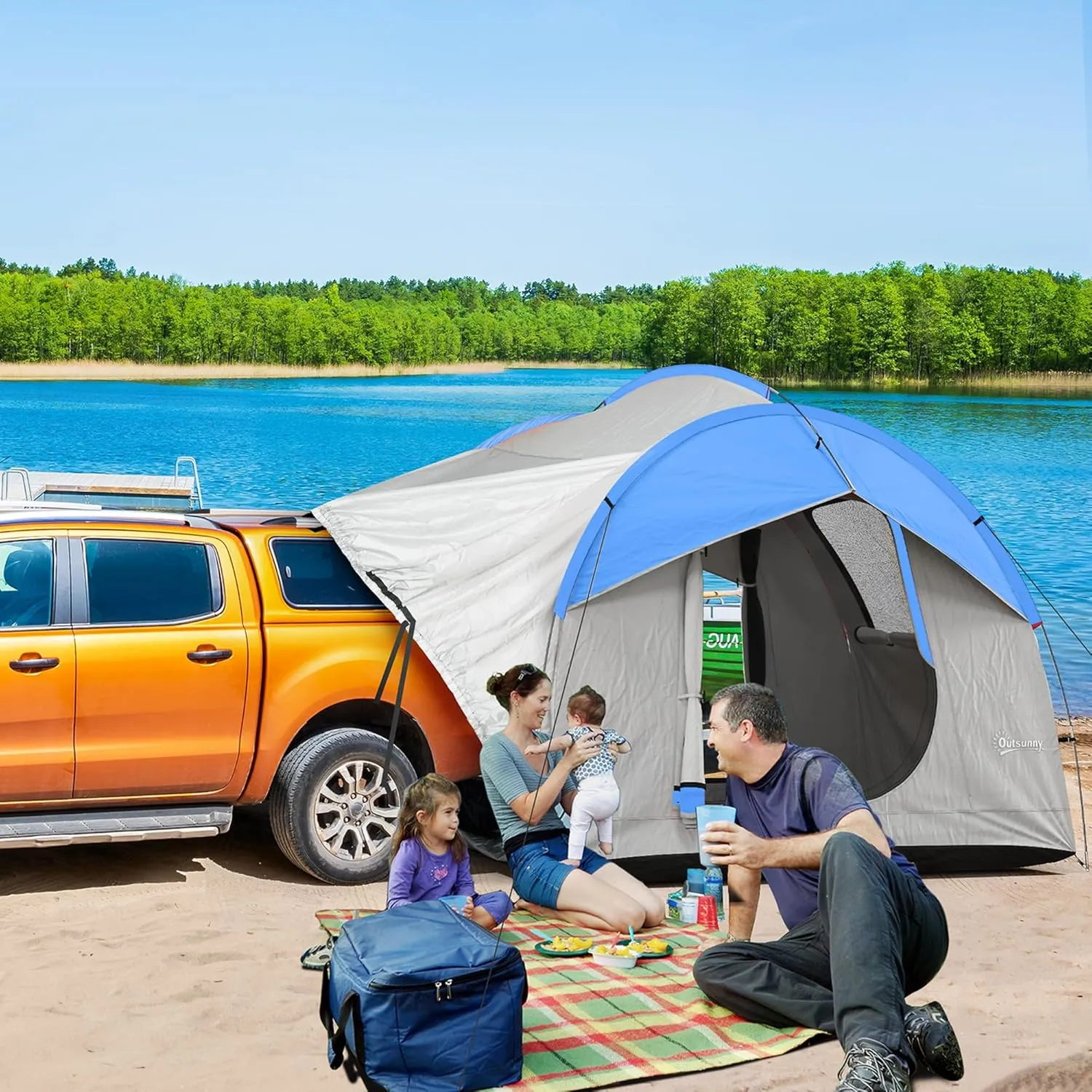 Outsunny SUV Tent, 2000mm Waterproof Truck Tent with 3 Doors and Mesh Window, for 5-6 Person Camping Outdoor Travel, 7.5' L x 6.9' W x 6.9' H
