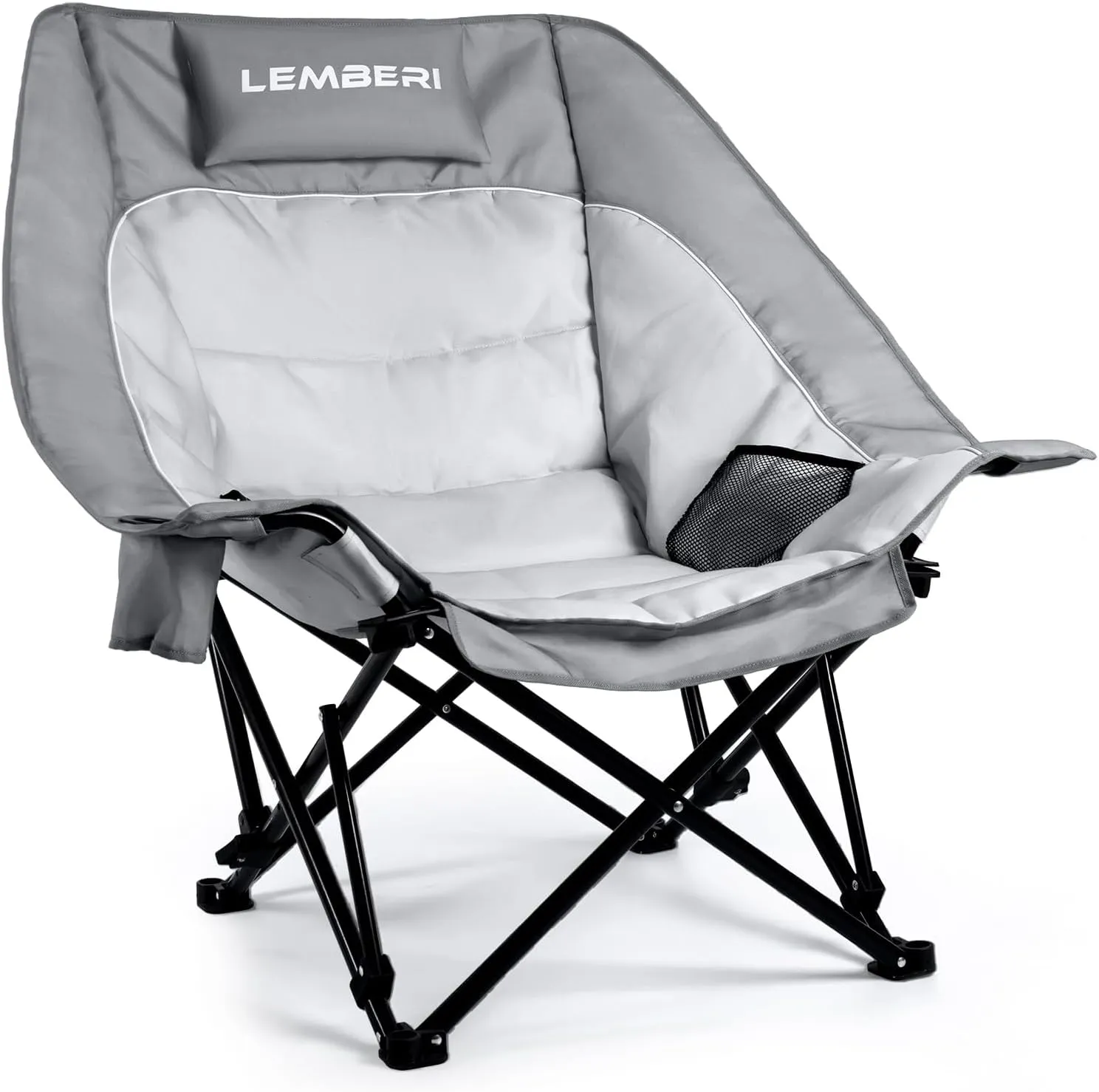 Oversized Camping Chair, Padded Folding Portable Camping Chair for Adults with 3 Levels Adjustable for Back, Outdoor Lawn Chairs with Side Mesh Pocket & Cup Holder, up to 500lbs, Grey