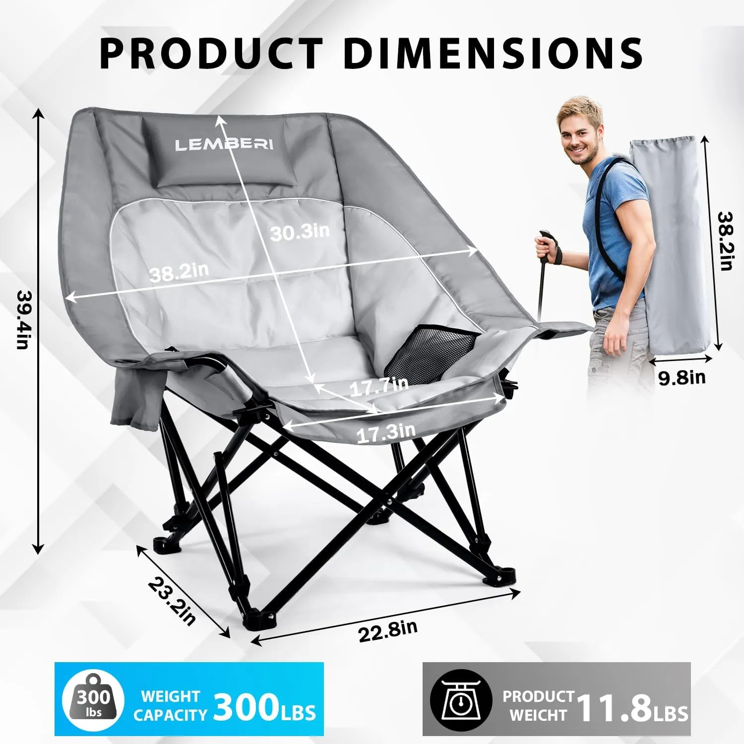 Oversized Camping Chair, Padded Folding Portable Camping Chair for Adults with 3 Levels Adjustable for Back, Outdoor Lawn Chairs with Side Mesh Pocket & Cup Holder, up to 500lbs, Grey