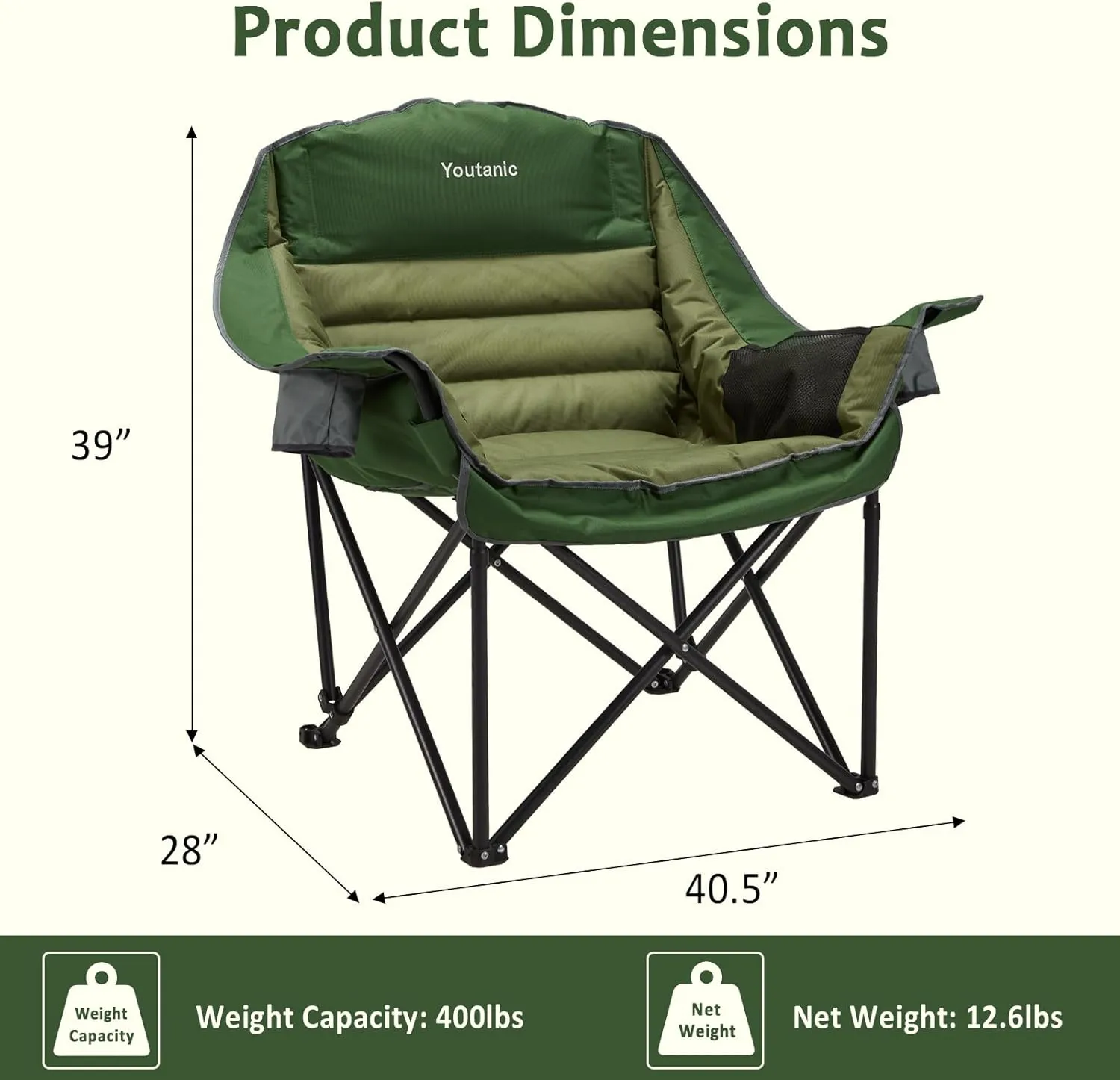 Oversized Camping Chair, Portable Folding Camping Chairs with Side Pocket, Cup Holder and Carry Bag, Heavy Duty Outdoor Camping Chairs for Adults, Fishing, Sports, Trip, up to 400lbs, Style 2