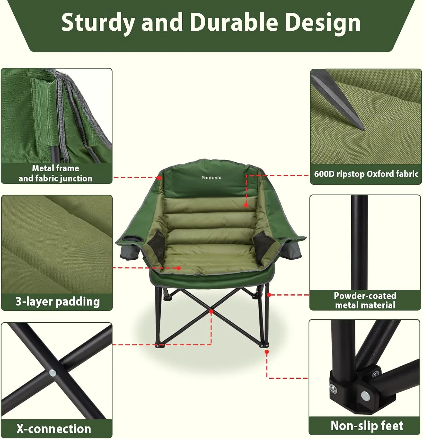 Oversized Camping Chair, Portable Folding Camping Chairs with Side Pocket, Cup Holder and Carry Bag, Heavy Duty Outdoor Camping Chairs for Adults, Fishing, Sports, Trip, up to 400lbs, Style 2