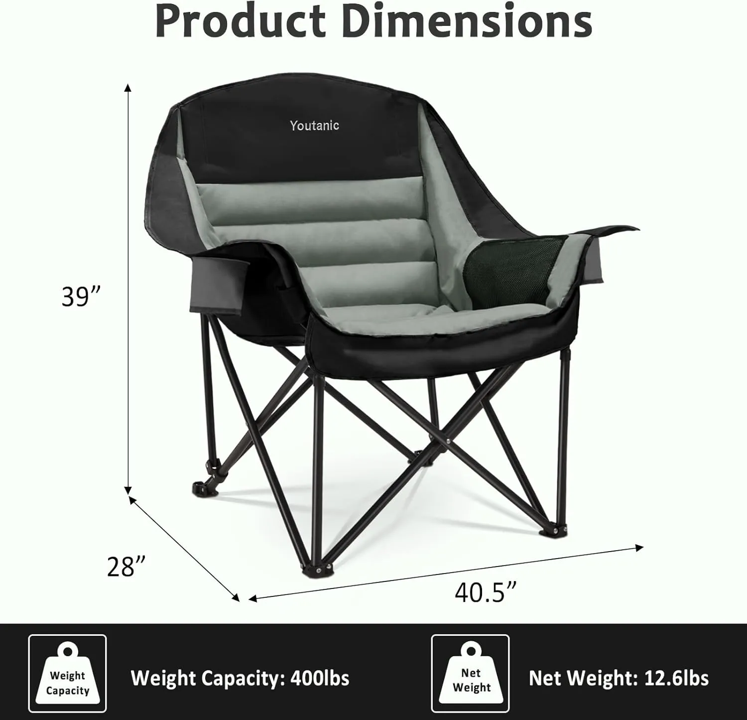 Oversized Camping Chair, Portable Folding Camping Chairs with Side Pocket, Cup Holder and Carry Bag, Heavy Duty Outdoor Camping Chairs for Adults, Fishing, Sports, Trip, up to 400lbs, Style 4