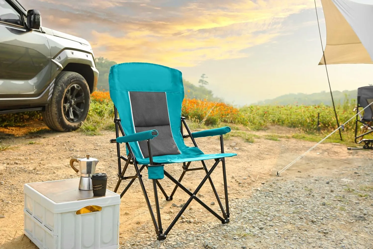 Oversized Camping Chairs, High Back Heavy Duty Lawn Chair Support 250LBS, Padded Portable Outdoor Chair with Cup Holder, Blue