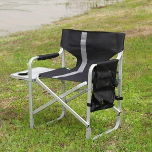Oversized Padded Folding Outdoor Chair for Ultimate Comfort, Lightweight with Side Table and Storage, for Camping and Picnics, Black/Grey