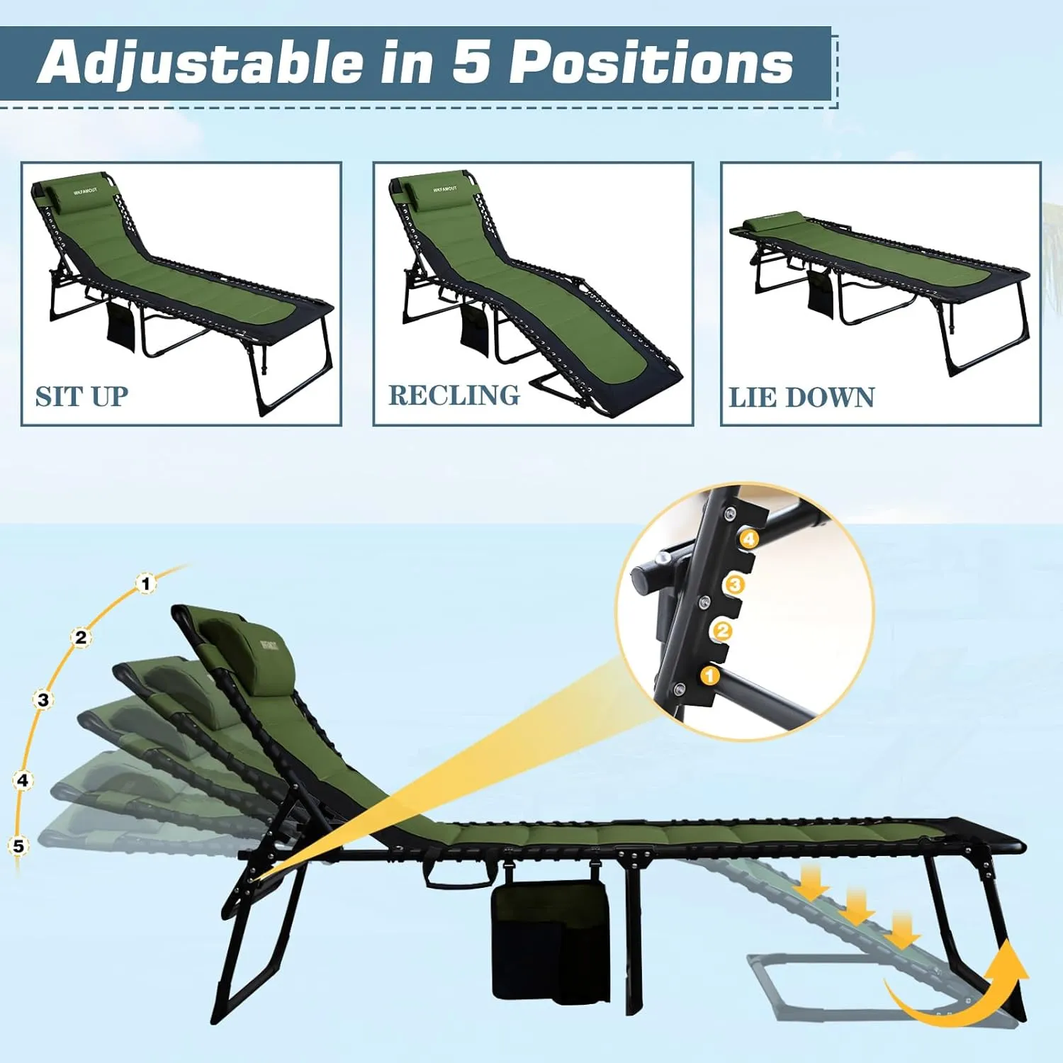 Oversized Padded Outdoor Folding Lounge Chair for Adults 440Ibs Patio Chaise Lounge for Outside Adjustable 5-Position Reclining Beach Chair with Pillow Pocket